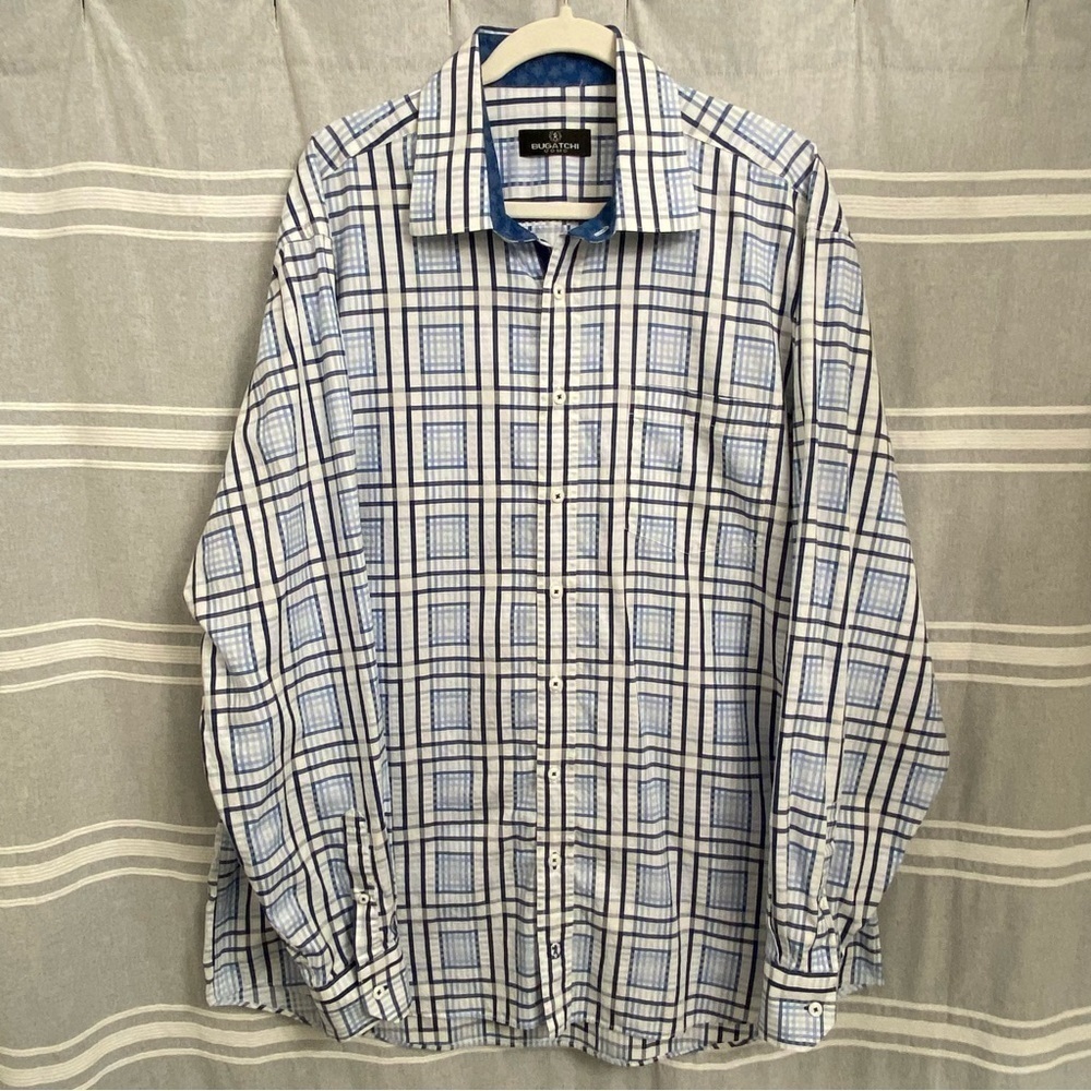 BUGATCHI / Mens Blue & white Grid Print Long Sleeve Button Down Size XXL